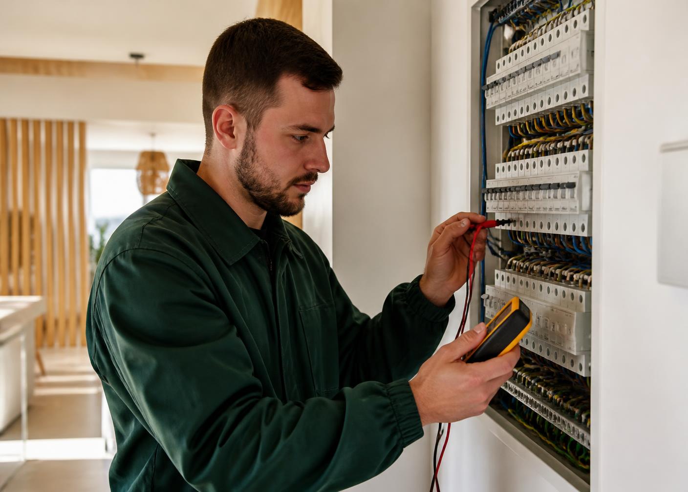 Électricien réalisant un diagnostic sur un tableau électrique